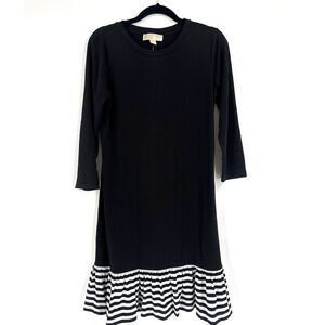 NWT Michael Kors Women's Stripe Ruffle Hem 3/4 Sleeve Shift Dress Black White XS